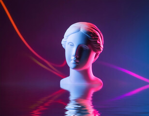 Minimal scene of human sculpture floating in neon abstract background