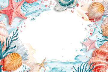 Wall Mural - Seashell and starfish frame with seaweed on white background