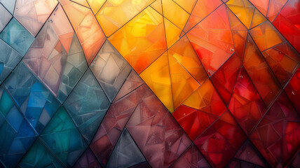 Poster - Composition of intersecting triangles in varying colors and opacities, forming a complex, transparent mosaic,