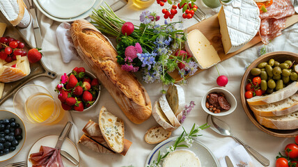 Wall Mural - table set for Bastille Day, featuring a spread of French bread, cheeses, charcuterie, and a bouquet of fresh flowers