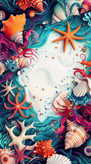 Wall Mural - Underwater marine frame with starfish and seashells swirling around white background with copy space
