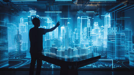 Wall Mural - Person interacting with a futuristic holographic display showing architectural 3D building models, symbolizing advanced technology in design and planning