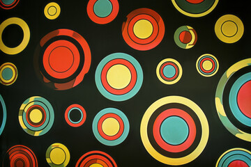 Poster - Artistic depiction of multicolored circles forming a spiral pattern on a black background, emphasizing contrast,