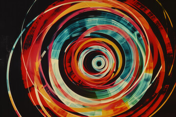 Poster - Artistic depiction of multicolored circles forming a spiral pattern on a black background, emphasizing contrast,