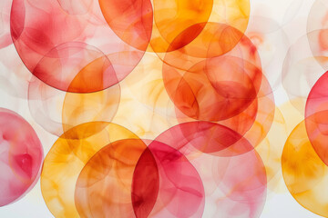 Poster - Composition with circles in warm colors (reds, oranges, yellows), overlapping on a white background to create a sense of warmth,