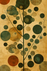 Poster - Abstract design with circles in earthy greens and browns, forming a tree-like pattern on a light brown background,