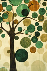 Poster - Abstract design with circles in earthy greens and browns, forming a tree-like pattern on a light brown background,