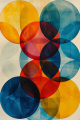 Poster - Abstract design with circles in bold primary colors, forming a geometric pattern on a white background,