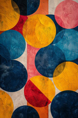 Poster - Abstract design with circles in bold primary colors, forming a geometric pattern on a white background,