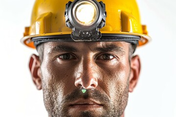 Sticker - A man wearing a yellow hard hat with a green light on it