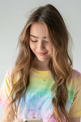 Wall Mural - A girl with long brown hair is smiling at the camera while holding a cell phone