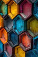 Aufkleber - Composition with colorful isometric hexagons arranged in a honeycomb pattern, adding depth and visual interest,