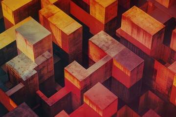 Leinwandbilder - Composition with isometric cubes in warm colors, forming a geometric pattern that feels cozy and inviting,