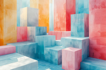 Poster - Composition with isometric shapes in soft pastel colors, forming a delicate and stylish pattern,