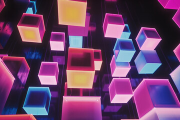 Aufkleber - Artistic depiction of isometric cubes in neon colors, forming a vibrant and energetic background,