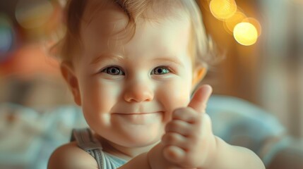 Canvas Print - A baby is smiling and giving a thumbs up