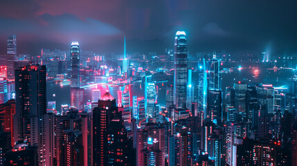 Wall Mural - Futuristic cityscape at night, illuminated by neon lights, showcasing advanced urban development and smart city technology