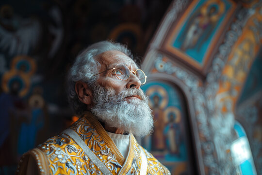 elderly orthodox priest in the church