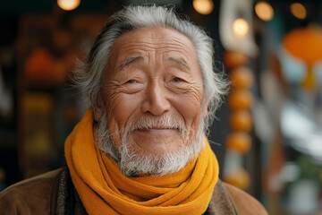 Wall Mural - Enlightened happy asian old man wearing yellow scarf at local street, portrait for marketing