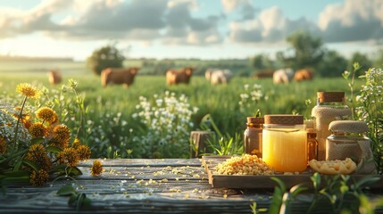 Wall Mural - a wooden table with jars of honey and other items