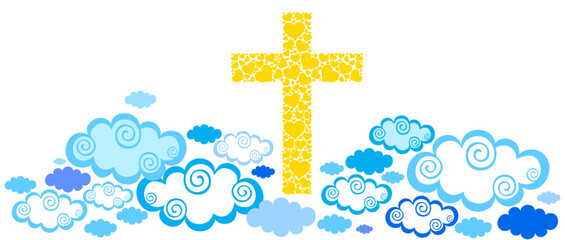 Christian cross in a sky with some clouds. Easter Holiday. He is risen. Christian religious design for resurrection celebrate theme.   Horizontal card format for web banner or header. Vector