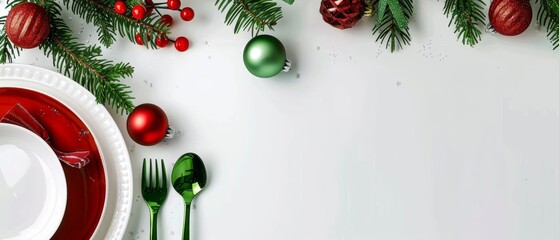 Festive table setting for Christmas dinner, isolated on white background, copy space for text, holiday theme with red and green decorations, high detail, high resolution