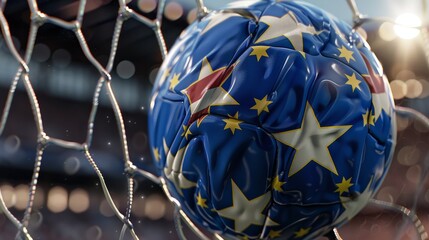 Wall Mural - European Football Frenzy - Soccer ball with European flags in the goal net at a football stadium during the championship.