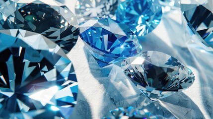 Wall Mural - Close up of many luxury crystal blue diamonds with shadows. Generated AI image