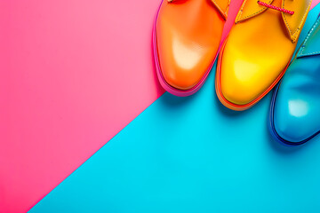 Wall Mural - Bright colored men shoes on a solid colorful background. Top view. Copy space