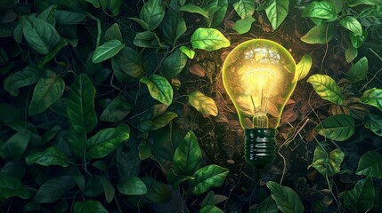 green energy background light bulb shines from green leaves and a metal base on a background with decomposed leaves. Generative AI