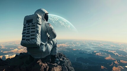 Wall Mural - One astronaut is sitting on a huge rock and looking at the outline of the Earth in the distance.