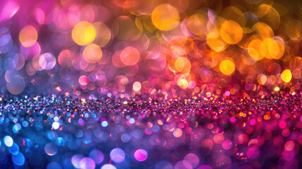 Wall Mural - Vibrant colorful bokeh lights on a textured surface, creating a festive, glittering abstract background with a shallow depth of field.
