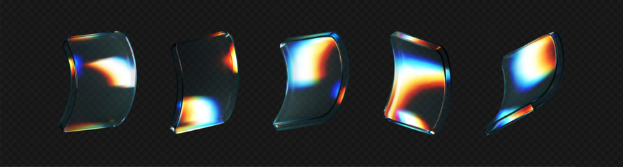 Wall Mural - 3d deform glass crystal liquid figure set with rainbow reflection light isolated on dark background.