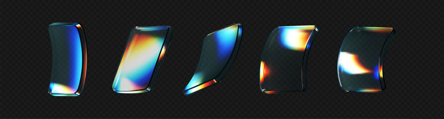 Wall Mural - 3d deform glass crystal liquid figure set with rainbow reflection light isolated on dark background.
