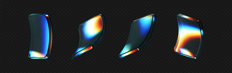 Wall Mural - 3d deform glass crystal liquid figure set with rainbow reflection light isolated on dark background. Transparent flying 3d curvy glass square shapes or button with hologram gradient. 3d vector figure