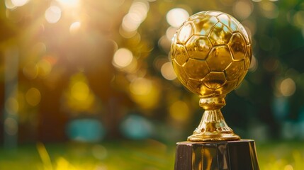 Wall Mural - Soccer or football golden trophy cup on blurred bokeh background with copy space. The concept of sport, competition and championship.