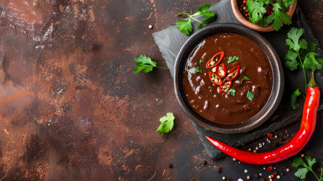 Authentic Mexican Dark and Rich Mole Sauce Presented in a Rustic Ceramic Bowl on a Textured Wooden Background with Copyspace