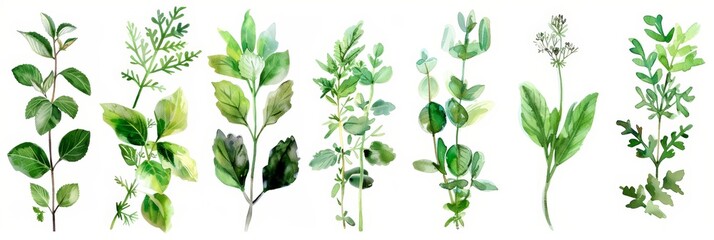 Wall Mural - Watercolor Herbs on White Background for Design Generative AI