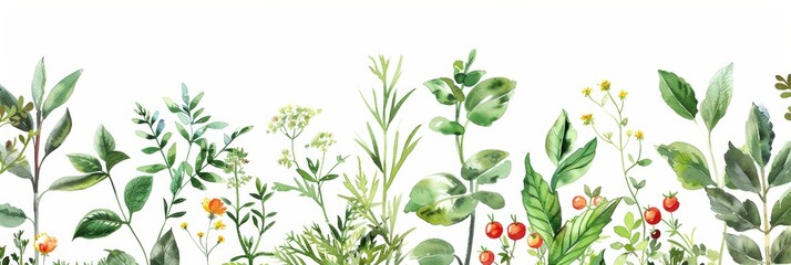 Wall Mural - Watercolor Kitchen Herbs Seamless Border Design for Cooking and Food Themes Generative AI
