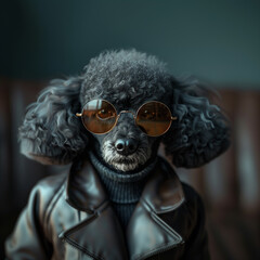 Wall Mural - A stylish Poodle dog posing in leather coat, stylish and classy, dressed like a gangster, 3D render