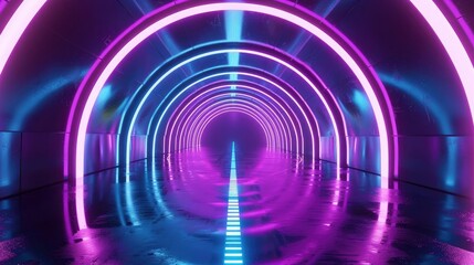 Wall Mural - 3d render of empty futuristic tunnel with neon light arches, purple and blue colors, glowing round lines on the floor, reflection, dark background