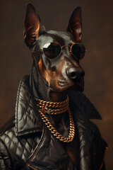 Wall Mural - A stylish Doberman dog posing as a fashionable, dressed classy and elegant, 3D render