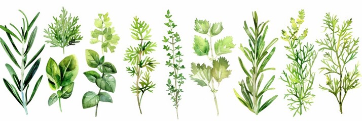 Wall Mural - Watercolor Herbs on White Background for Food Illustrations Generative AI