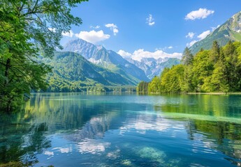 lake in a halveic climate, surrounded by lush green forests and majestic mountains under clear blue skies Generative AI