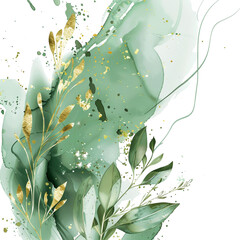 Sticker - watercolor element in sage green with fine gold elements. PNG