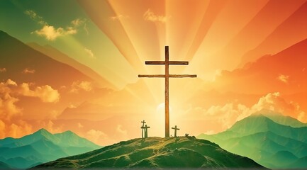 Wall Mural - Three cross crucifix on mountain and orange green sky and sunshine texture background