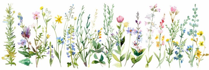 Wall Mural - Vibrant Watercolor Herbs and Flowers for Garden Designs Generative AI