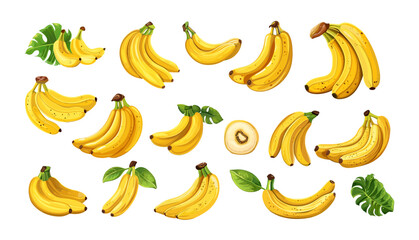 Wall Mural - Bananas cartoon vector set. Tropical banana yellow fruits healthy food vitamins exotic desserts, illustration isolated on white background