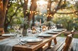 © spyrakot - Sustainable Outdoor Dining Setup with Compostable Dinnerware and Organic Linen Tablecloths in Elegant Garden Setting