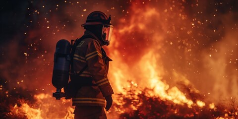 Fototapete - A firefighter with full gear stands bravely facing intense flames during a firefighting operation